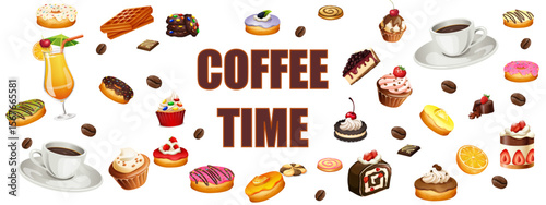 set of sweet confectionery products for coffee and orange juice with letters on a transparent background.Long.ai