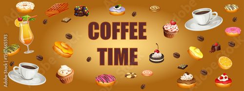 set of sweet confectionery products for coffee and orange juice with letters on a brown background.Long.eps