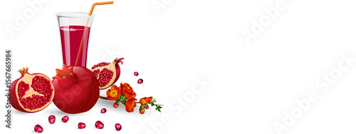 ripe bright pomegranate, pomegranate seeds and flowers and freshly squeezed pomegranate juice in a glass on a transparent background.Isolated, close-up.ai