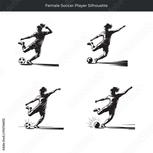 Black and white silhouette illustration of dynamic female soccer player in action kicking a ball