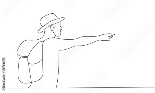 Travel theme continuous line drawing of a determined man, poised at the edge of an unseen adventure wearing hat and backpack
