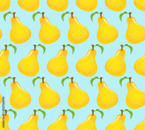 seamless pattern with pear and green leaves on a  blue background.Close-up, isolated.eps