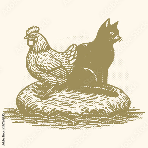 Olive color hen and cat sitting on a stone, halftone effect vector illustration, vintage style stamp design, rustic farm animals artwork, textured dotted pattern, nature and wildlife theme