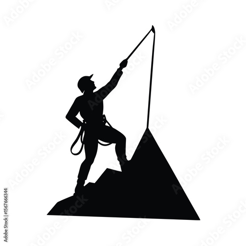 Black silhouette of mountaineer reaching for peak with ice axe
