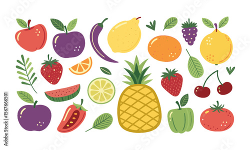A flat vector-style illustration of a variety of fruits and vegetables, including apples, lemons, pineapples, strawberries, peppers, tomatoes, a set of fruits and vegetables, easily editable.