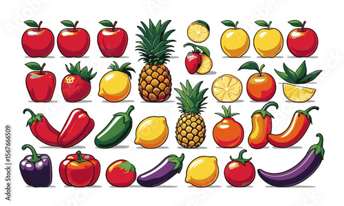 A flat vector-style illustration of a variety of fruits and vegetables, including apples, lemons, pineapples, strawberries, peppers, tomatoes, a set of fruits and vegetables, easily editable.