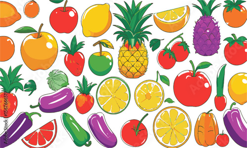 A flat vector-style illustration of a variety of fruits and vegetables, including apples, lemons, pineapples, strawberries, peppers, tomatoes, a set of fruits and vegetables, easily editable.