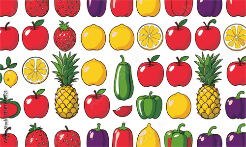 A flat vector-style illustration of a variety of fruits and vegetables, including apples, lemons, pineapples, strawberries, peppers, tomatoes, a set of fruits and vegetables, easily editable.