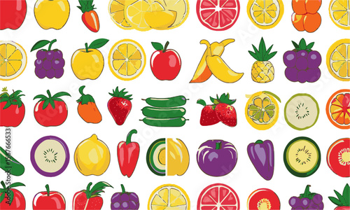 A flat vector-style illustration of a variety of fruits and vegetables, including apples, lemons, pineapples, strawberries, peppers, tomatoes, a set of fruits and vegetables, easily editable.