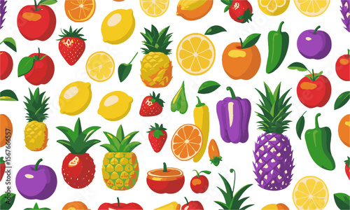 A flat vector-style illustration of a variety of fruits and vegetables, including apples, lemons, pineapples, strawberries, peppers, tomatoes, a set of fruits and vegetables, easily editable.