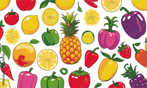 A flat vector-style illustration of a variety of fruits and vegetables, including apples, lemons, pineapples, strawberries, peppers, tomatoes, a set of fruits and vegetables, easily editable.