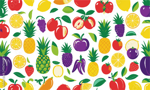 A flat vector-style illustration of a variety of fruits and vegetables, including apples, lemons, pineapples, strawberries, peppers, tomatoes, a set of fruits and vegetables, easily editable.