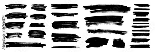 Brush paint stroke set. Black stain texture background abstract vector ink splashes. rough paintbrush mark sketch shape frames. Watercolor smears, marker lines. Charcoal streaks. Bold grungy scribbles