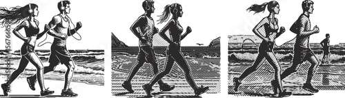 Heavy circlelined effect bundle featuring man and woman jogging with headphones on ocean coast, dynamic fitness vector set, active lifestyle illustration, sporty couple running by sea