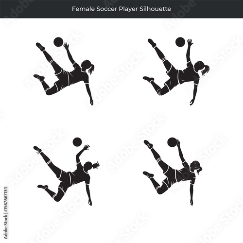 Dynamic silhouette collection of female soccer player kicking ball with athletic prowess