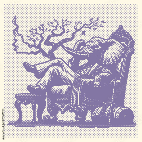 Purple Rich Elephant Sitting on Chair Vector – Halftone Effect Stamp Style Animal Illustration for Retro Poster, T-Shirt, Pop Art Decor, and Funky Vintage Design Projects