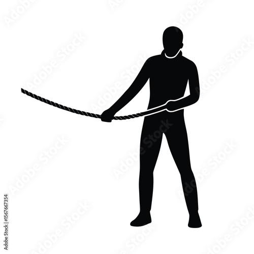 Black silhouette of person pulling thick rope woman