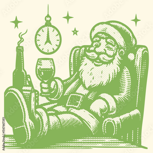Retro halftone stamp style illustration of smiling Santa Claus relaxing on a vintage chair, festive Christmas vector with classic texture effect for holiday greeting or print design