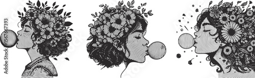 Girl with Floral Hair Blowing Bubble Gum Vector Illustration Bundle – Bold Line Art Pop Style Portrait with Retro Fashion, Botanical Detail, and Heavy Outline Design Elements