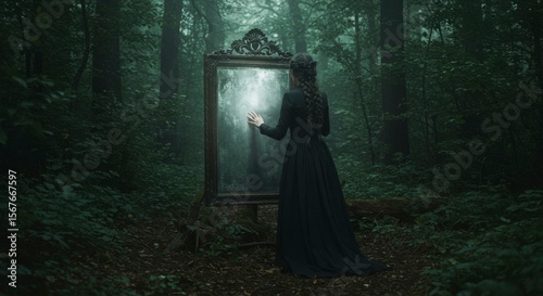 A woman in a long black dress stands before an ornate mirror in a misty forest, reaching towards a ghostly reflection