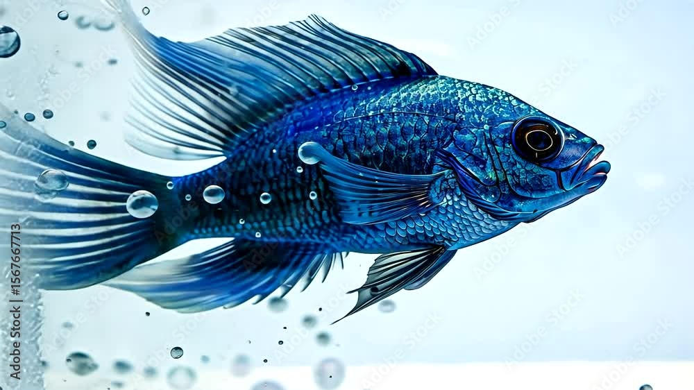 Vibrant blue fish swimming in clear water with bubbles