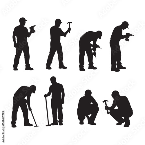 Construction workers with tools in various poses silhouettes hammer