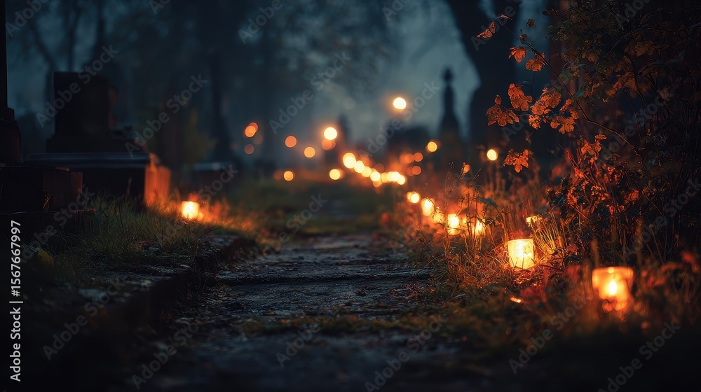 Fototapeta premium Blurred candlelit trail through cemetery, Halloween background, mystical night path. 