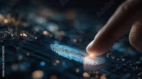 Digital Fingerprint: An abstract composition, where a finger interacts with a digital fingerprint, evoking themes of technology, security, and access. The image is rendered in a captivating style.