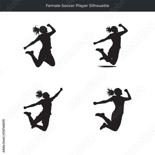 Dynamic black silhouettes of a female soccer player celebrating victory with athletic movements