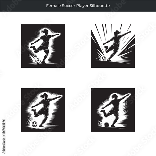 Dynamic silhouette illustrations of a female soccer player kicking the ball in action