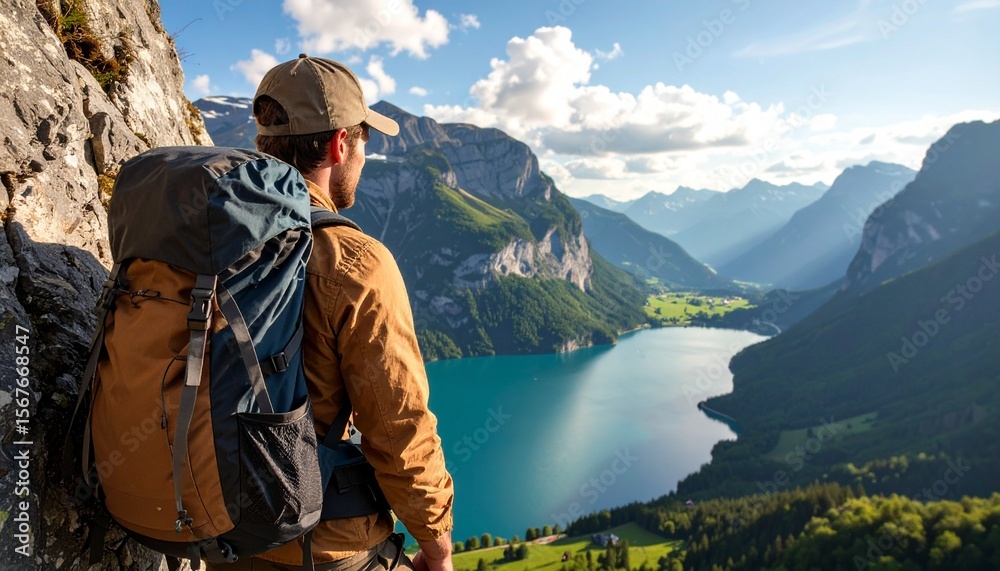 Naklejka premium Primer plano de un mochilero asomado en un risco con maravillosas vistas a un lago y valle entre montañas. Aventura, excursionismo, naturaleza