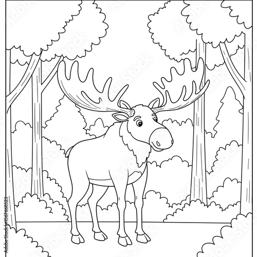 Cartoon moose with large antlers stands in a simple forest scene surrounded by trees and bushes, designed in black-and-white for coloring.