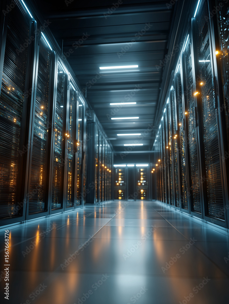 Obraz premium Server Room Illumination: Inside a server room filled with brightly-lit rows of server racks, this photorealistic image captures a future of technology.