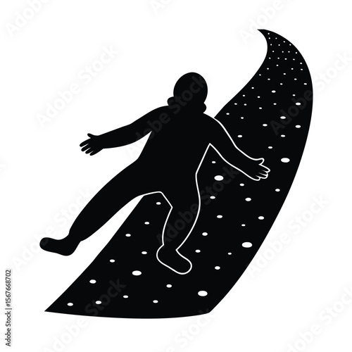 Black silhouette of person sliding down a snowy path