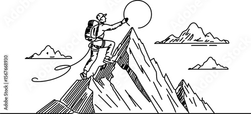 romantic couple hiking mountain line art illustration