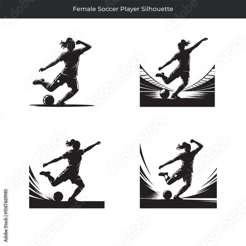 Dynamic black and white silhouettes of a female soccer player in action kicking a ball