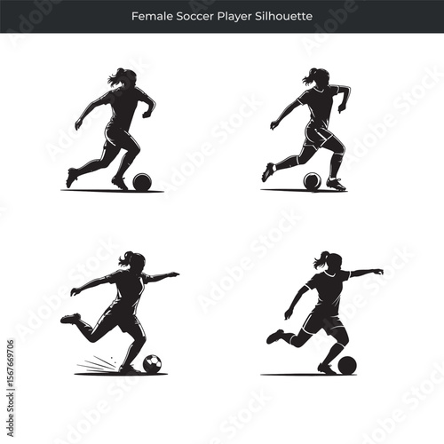 Four silhouette illustrations of a female soccer player kicking and dribbling the ball
