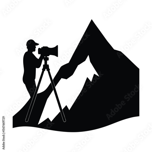 Black silhouette of photographer with tripod on mountain