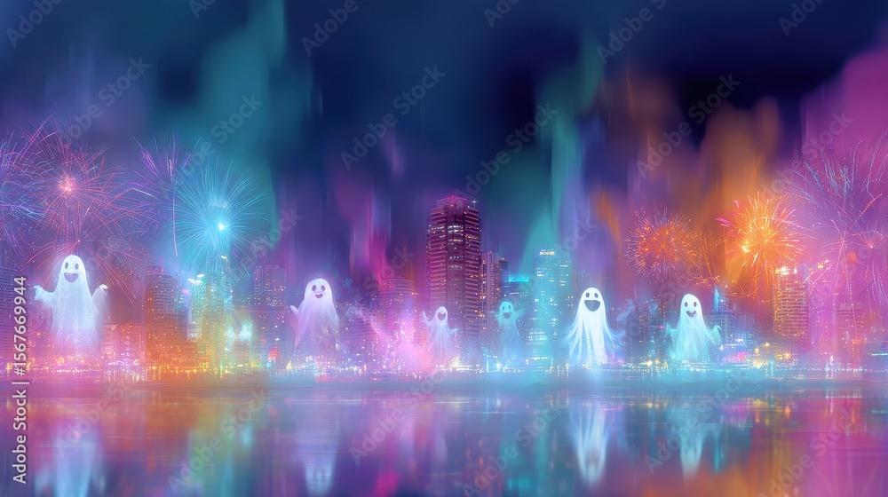 Fototapeta premium Blurred city skyline with Halloween fireworks and neon ghosts, urban celebration background.