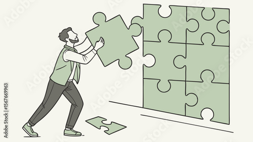 Man is assembling large green puzzle pieces, showcasing focus and determination