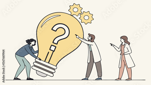 Creative teamwork brainstorming to solve problem represented by a giant lightbulb with gears, symbolizing innovative thinking, question solving, collaboration