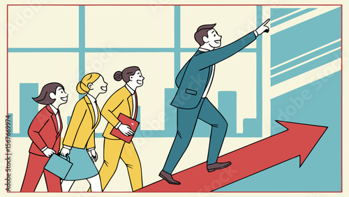 Business leader guiding a diverse team upward on red arrow symbolizing company growth, leadership vision, teamwork, progress, motivation, and successful