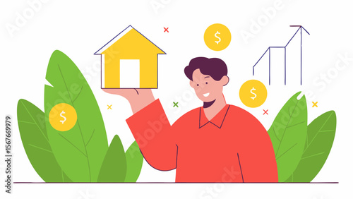 Smiling businessman holding a house icon, symbolizing real estate investment, property ownership, financial growth, housing market, and savings success