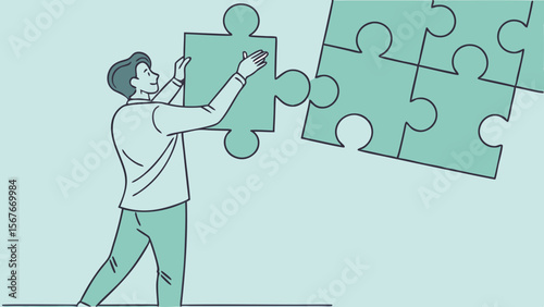 Businessman placing final puzzle piece to complete wall, symbolizing strategy, planning, problem solving, teamwork, solution, and achieving goals