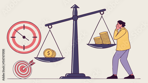 Businessman weighing time and money on a balance scale, decision making concept, financial planning, work-life balance, investment strategy illustration