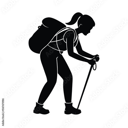 Black silhouette of woman with backpack and trekking pole