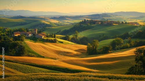 Panoramic view of rolling hills and a village at dawn.