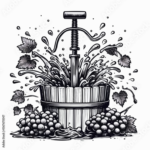grape press with splashing juice and fresh grapes for vintage winemaking illustration concept