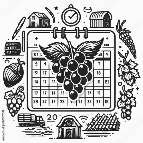 grape harvest calendar with vineyard elements for agricultural illustration concept