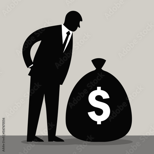Man in suit looking at money bag dollar